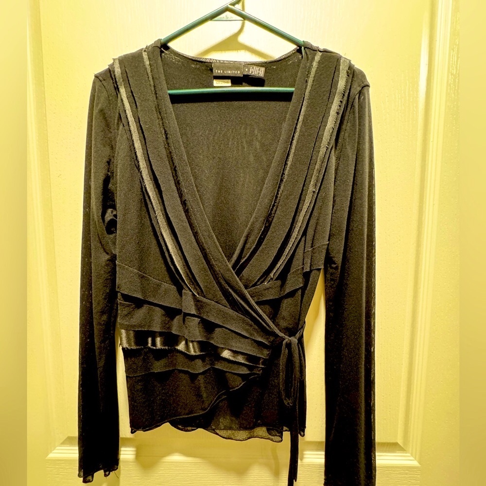 The Limited - Women’s Black Sheer Faux Wrap Long Sleeve - Size M